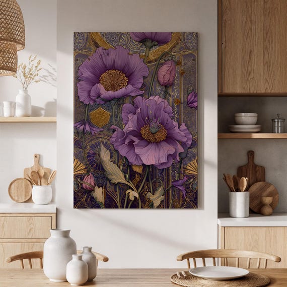 Framed Purple Poppy Floral Canvas Art Vintage Botanical Painting With Gold Accents Elegant Flower Wall Decor Nature For Room
