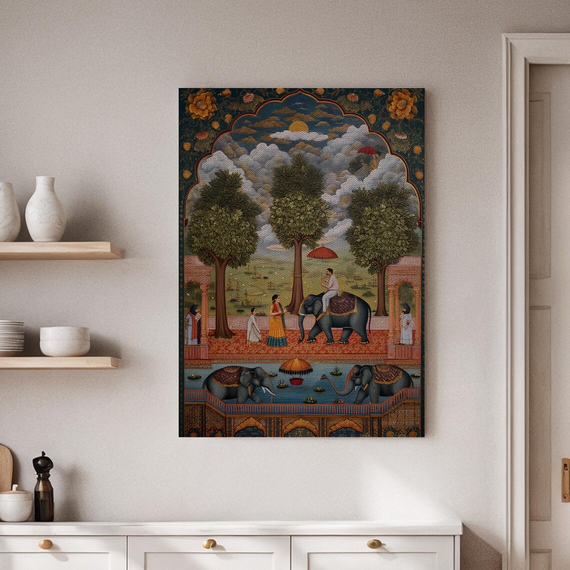 Framed Elephant And Royal Procession Canvas Wall Art Traditional With Elephants Trees Cultural Print For Home Decor