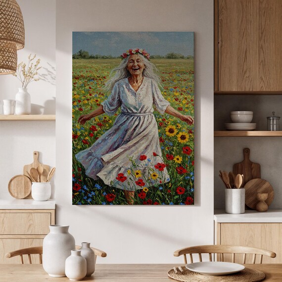 Joyful Woman Flower Field Meadow Impressionist Painting Wall Art