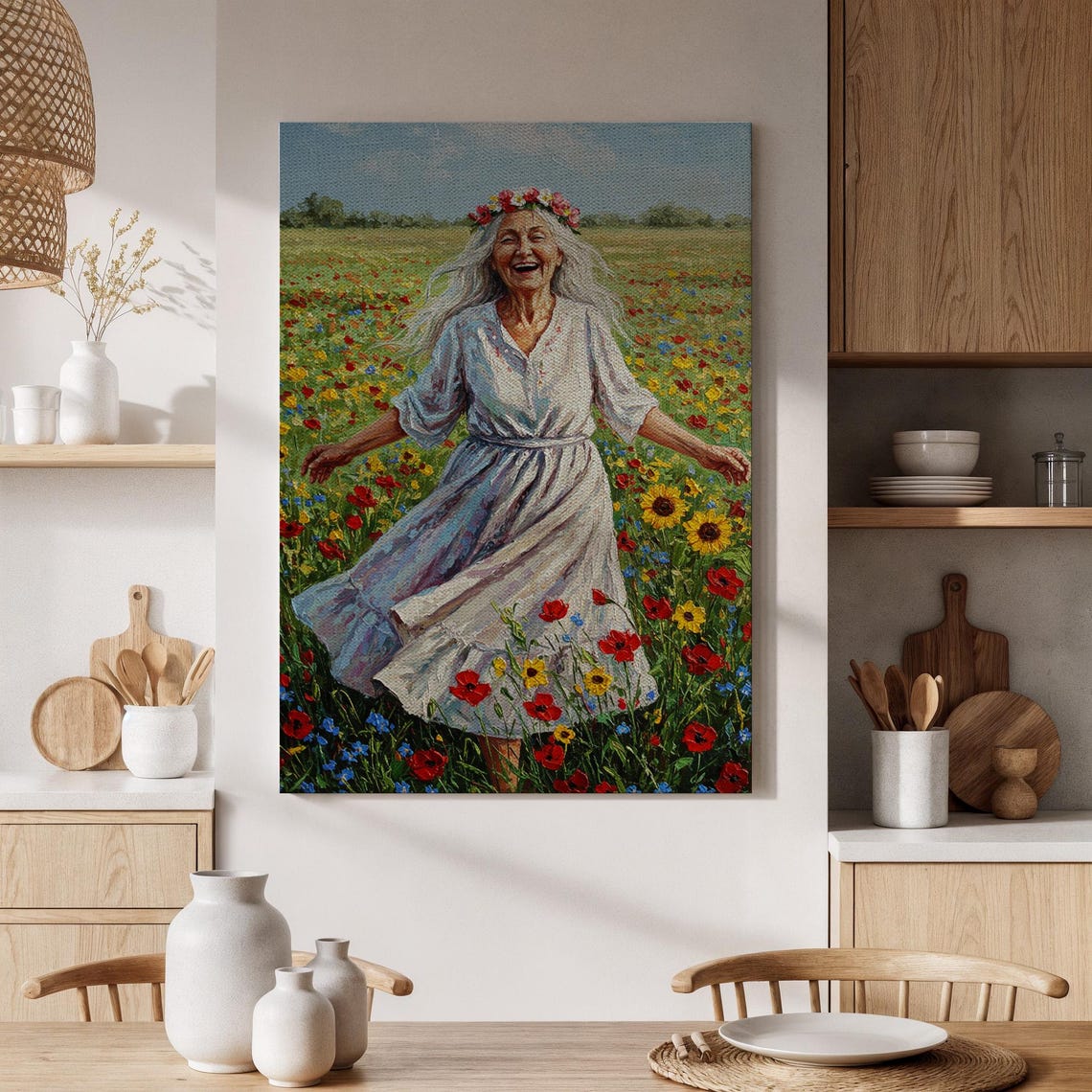 Joyful Woman Flower Field Meadow Impressionist Painting Wall Art