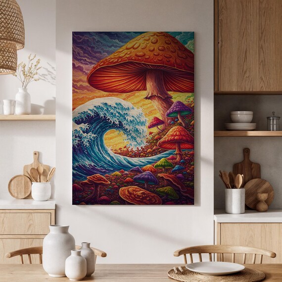 Framed Mushroom Wave Canvas Art Psychedelic And Ocean Painting Colorful Abstract Wall Decor Fantasy For Living Room