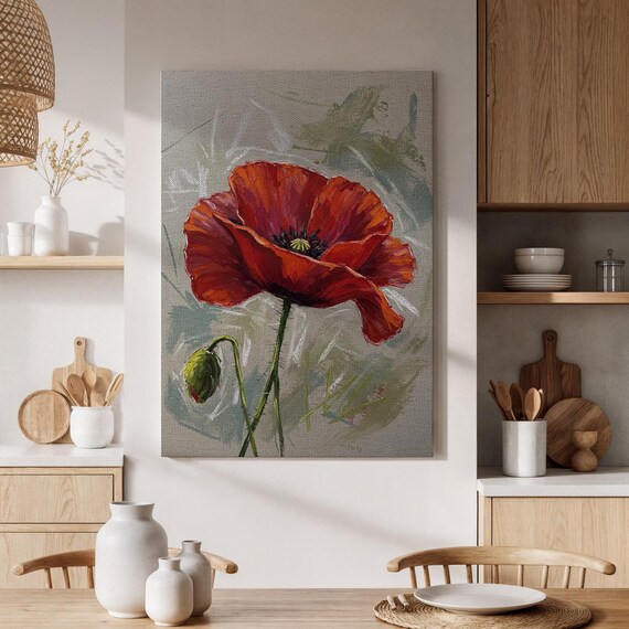 Red Poppy Flower Vibrant Oil Painting Floral Still Life Print