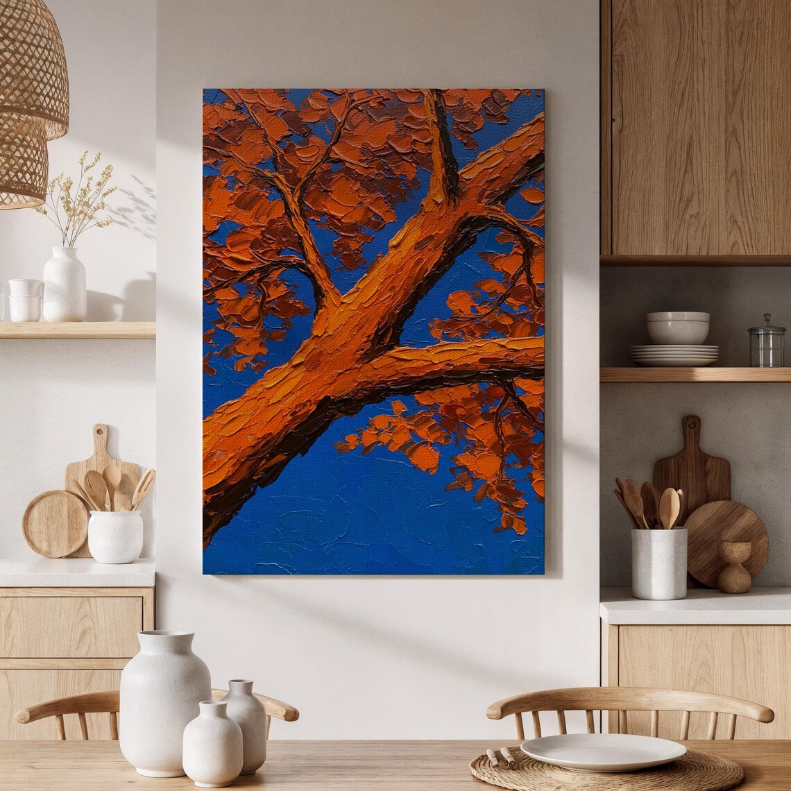 Autumn Tree Bold Orange Leaves Blue Sky Impasto Oil Painting Poster