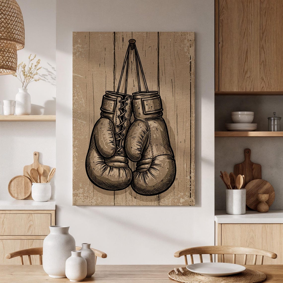 Vintage Boxing Gloves Sketch Hanging on Rustic Wood Plank Retro Print