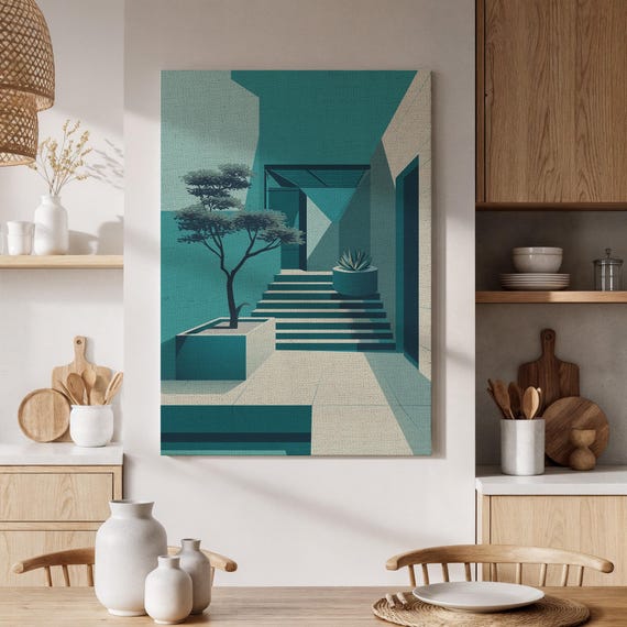 Framed Modern Architecture Canvas Wall Art Minimalist Staircase And Tree Design Contemporary For Living Room Or Office Decor