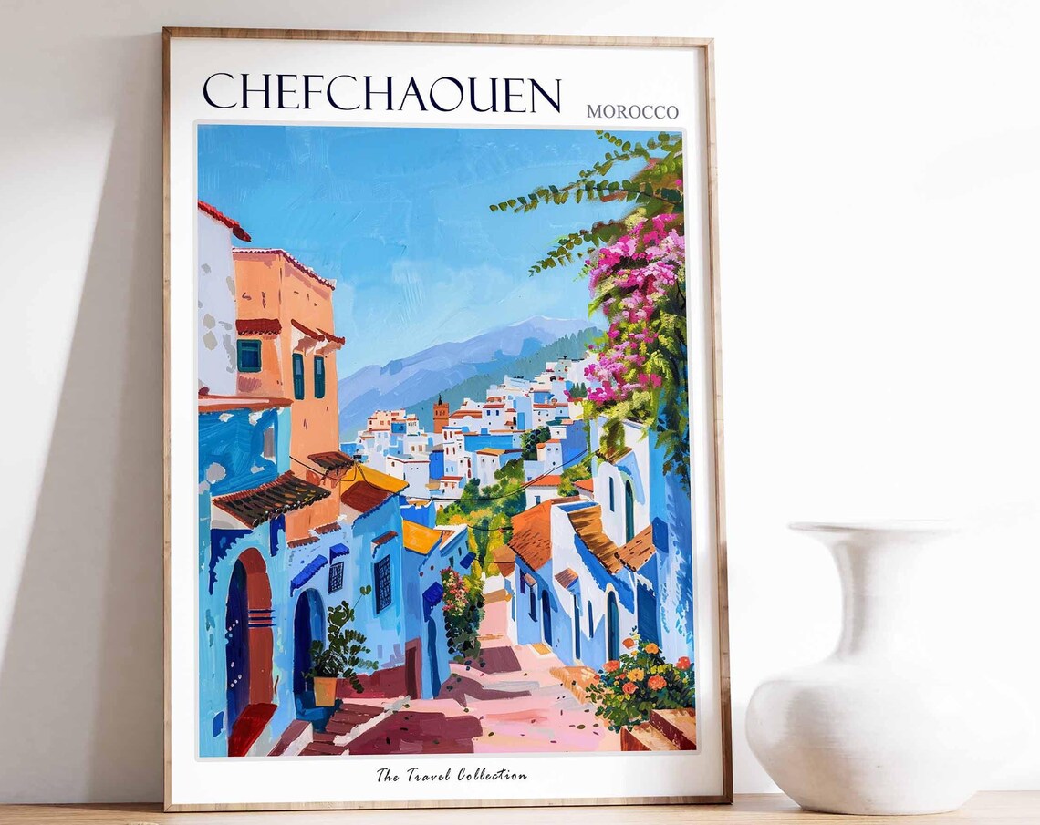 Chefchaouen Poster Morocco Travel Print Moroccan Decor Africa Travel Poster African Wall Art City Print Chefchaouen Travel Poster