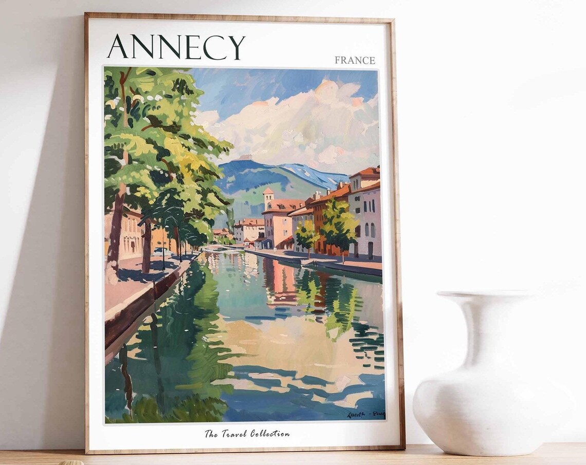 Annecy France Travel Poster Canal Trees Mountain Watercolor Painting