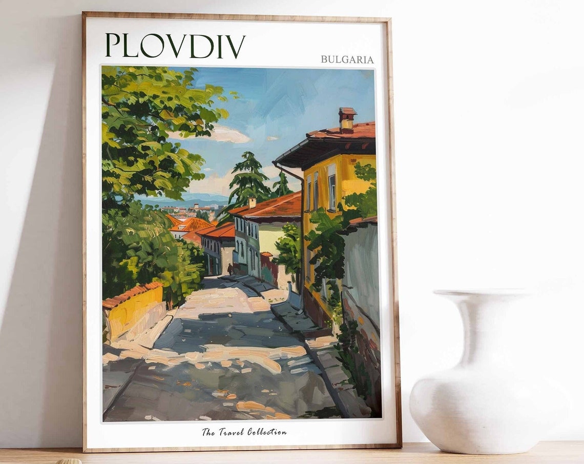 Plovdiv Bulgaria Quiet Cobblestone Street Scene Travel Poster