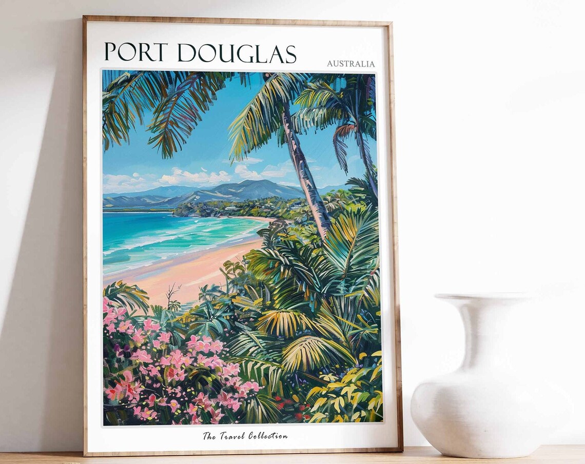 Port Douglas Australia Tropical Beach Palms Flowers Queensland Travel Poster