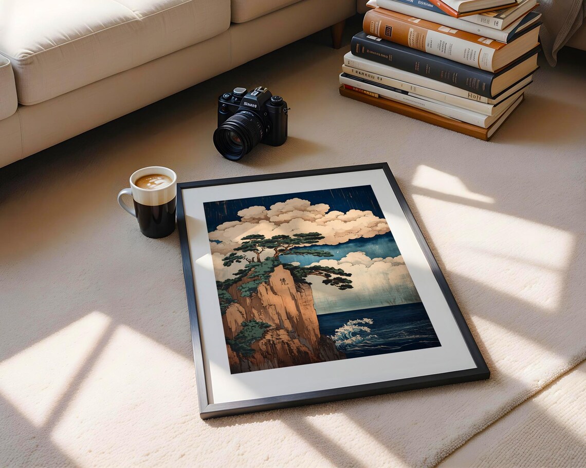 Japanese Pine Trees Cliff Over Ocean Ukiyoe Style Painting Poster - Image 6