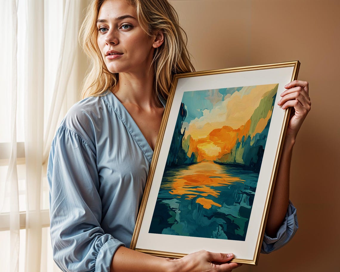 Abstract Sunset River Teal and Orange Impressionist Art Poster - Image 2