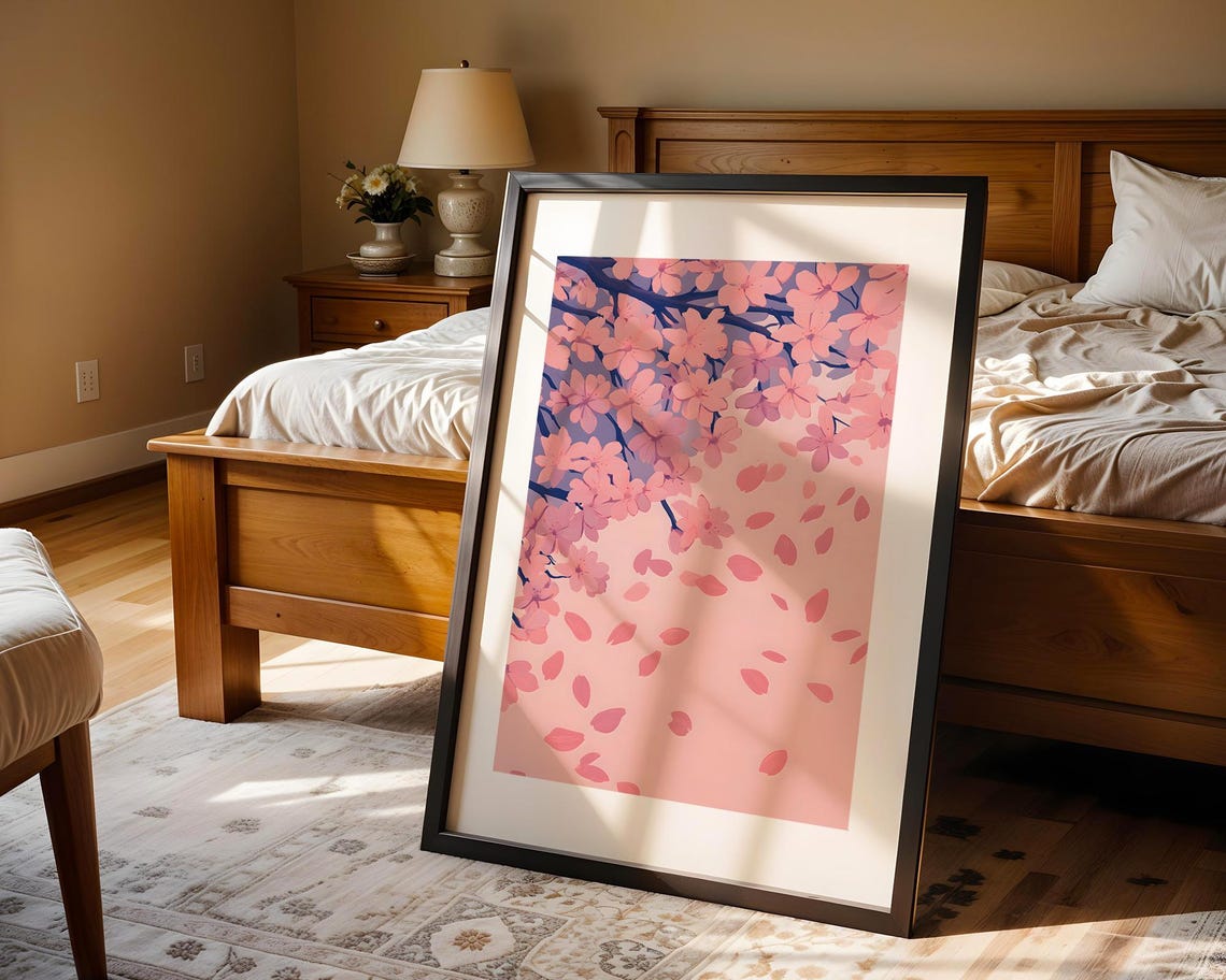 Pink Cherry Blossom Branch Art Poster with Falling Sakura Petals - Image 4
