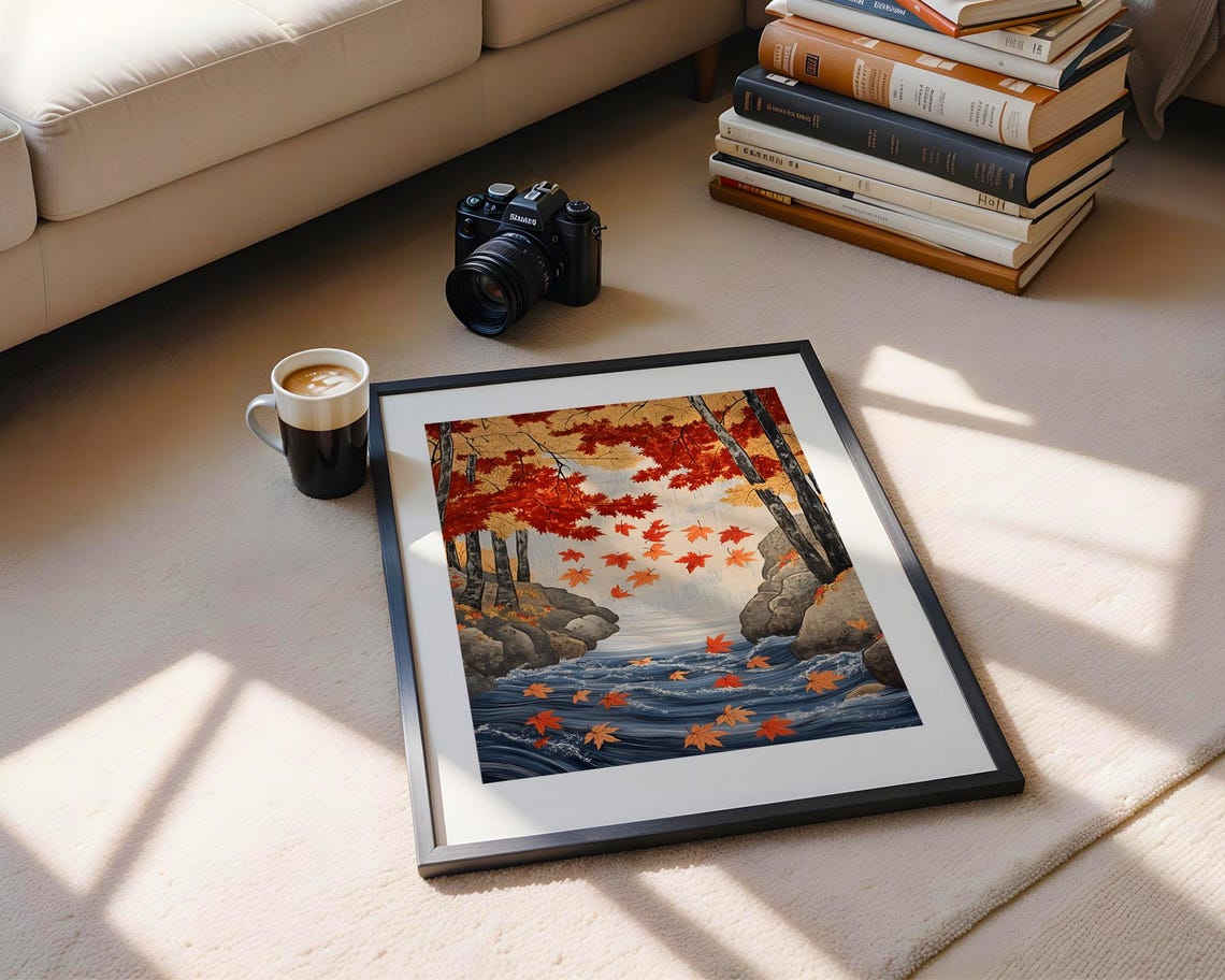 Japanese Autumn Gorge Art Poster with Falling Red Maple Leaves - Image 5