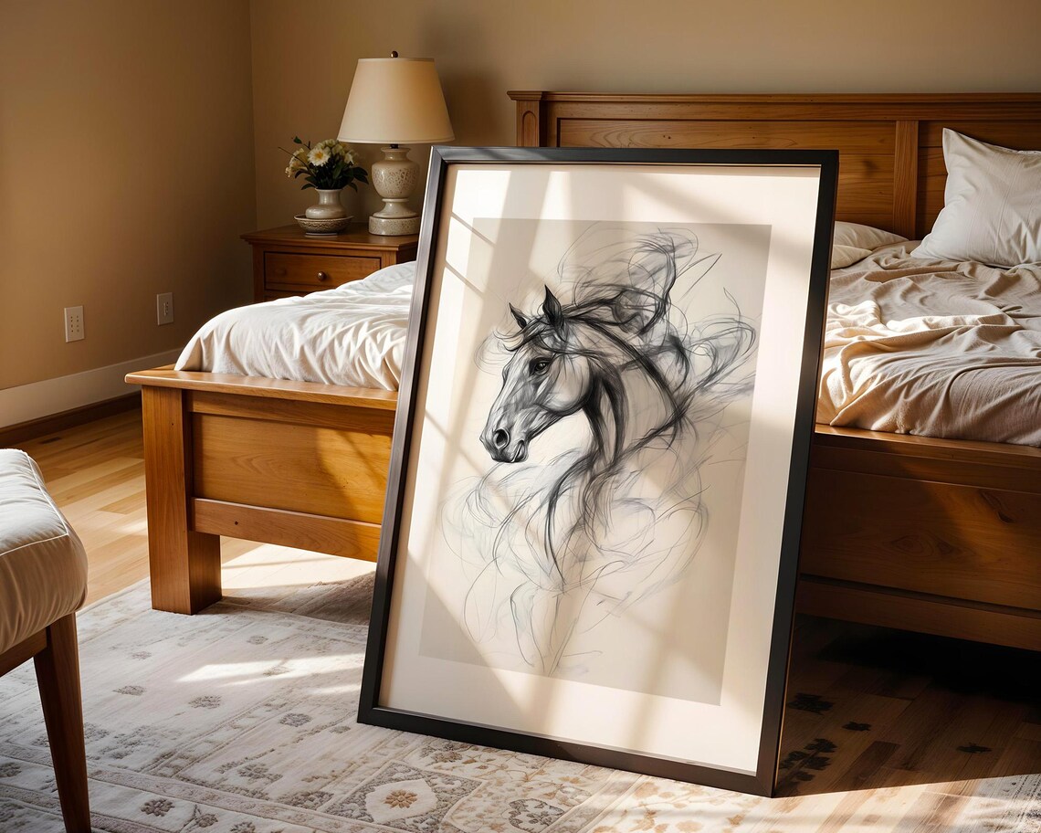 Horse Head Ethereal Flowing Mane Monochrome Sketch Equestrian Art Poster - Image 5