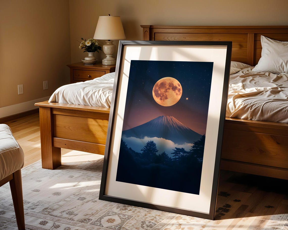 Mount Fuji Under Full Moon Night Sky Japanese Landscape Poster - Image 4