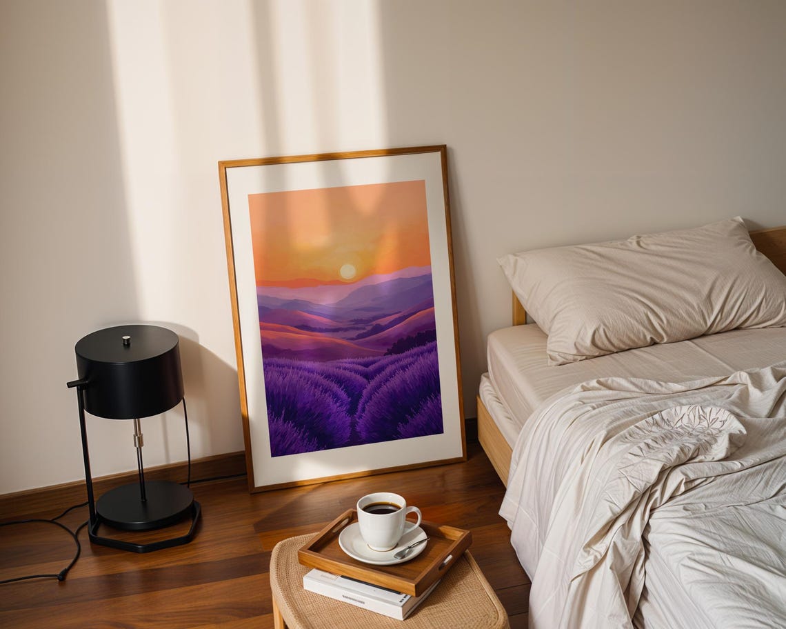 Lavender Hills Sunset Orange Sky Purple Flower Fields Art Poster - Image 2