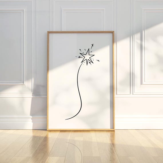 Shooting Star Sketch Minimalist Wall Art Black White Celestial Nursery Home Kids Playroom Decor Modern Line Print Gift