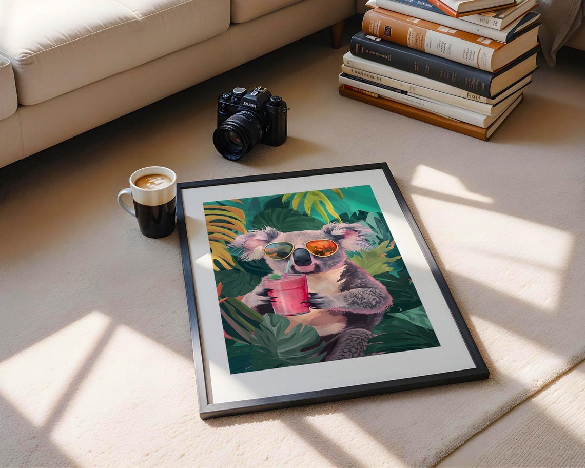 Cool Koala Drinking Smoothie With Sunglasses Tropical Illustration Trendy Wall Art Modern Prints Print - Image 5
