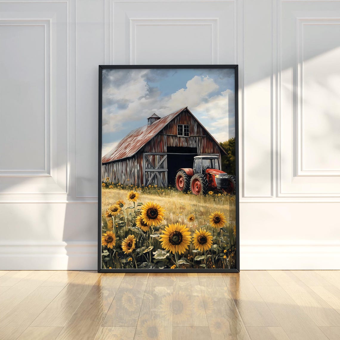 Red Barn Tractor Sunflower Field Rustic Farm Landscape Poster
