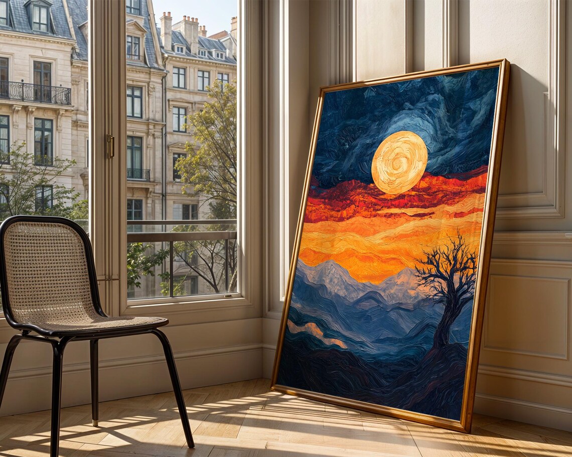 Golden Sun Mountain Night Swirling Blue Impasto Landscape Art Poster - Image 3