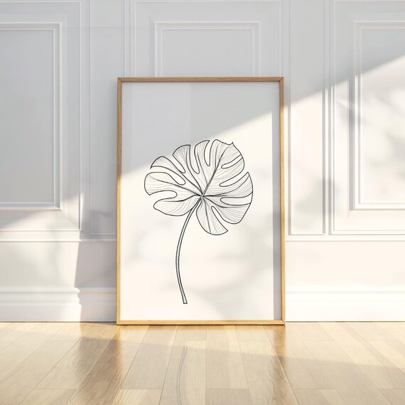 Minimalist Monstera Leaf Line Drawing Wall Art Print Black White Botanical Plant Home Decor Tropical Jungalow Bohemian Modern Pencil Sketch