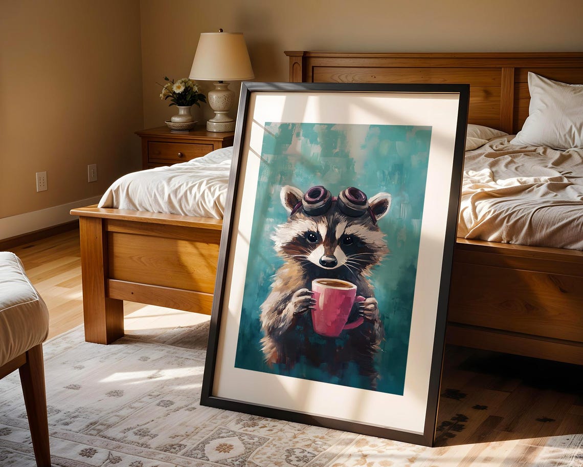 Whimsical Raccoon Coffee Mug Goggles Animal Art Illustration Trendy Wall Room Decor Prints Print - Image 4