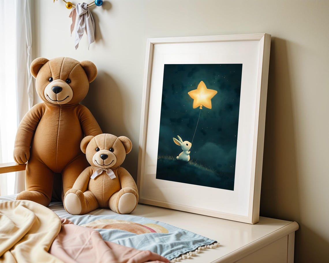 Cute Bunny Holding Glowing Star Balloon Night Nursery Poster - Image 5