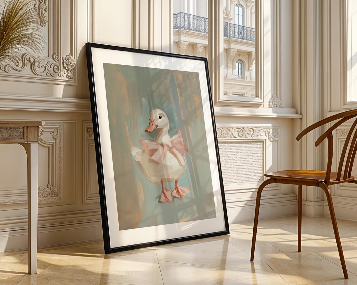 Cute Pastel Duck with Pink Bow Painting Poster for Nursery Walls - Image 3