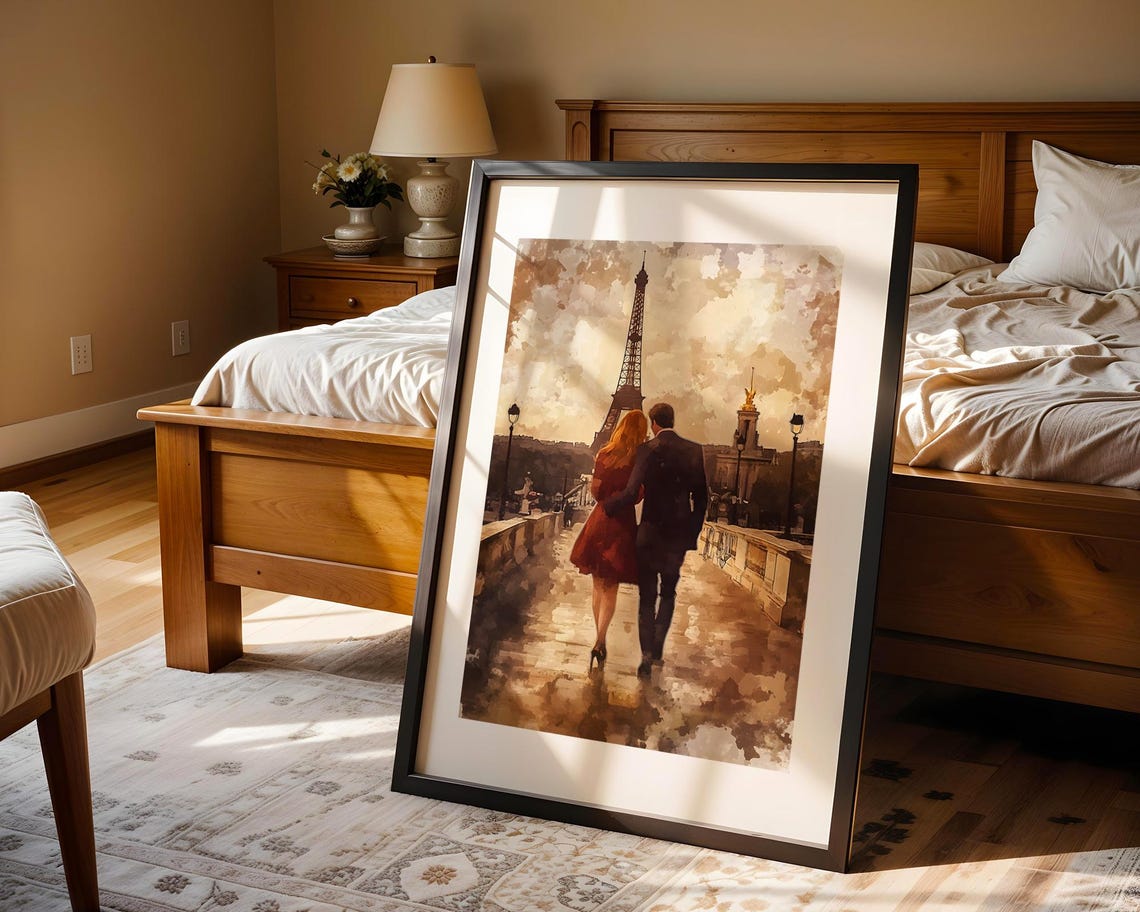 Eiffel Tower Paris Couple Bridge Stroll Watercolor Art Poster