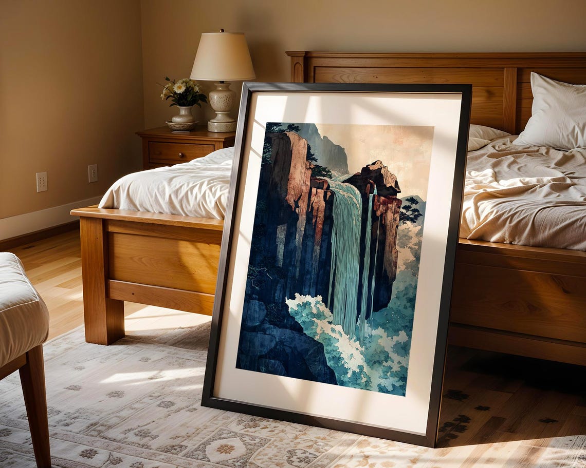 Japanese Waterfall Art Poster with Red Rock Cliffs and Blue Rapids - Image 4