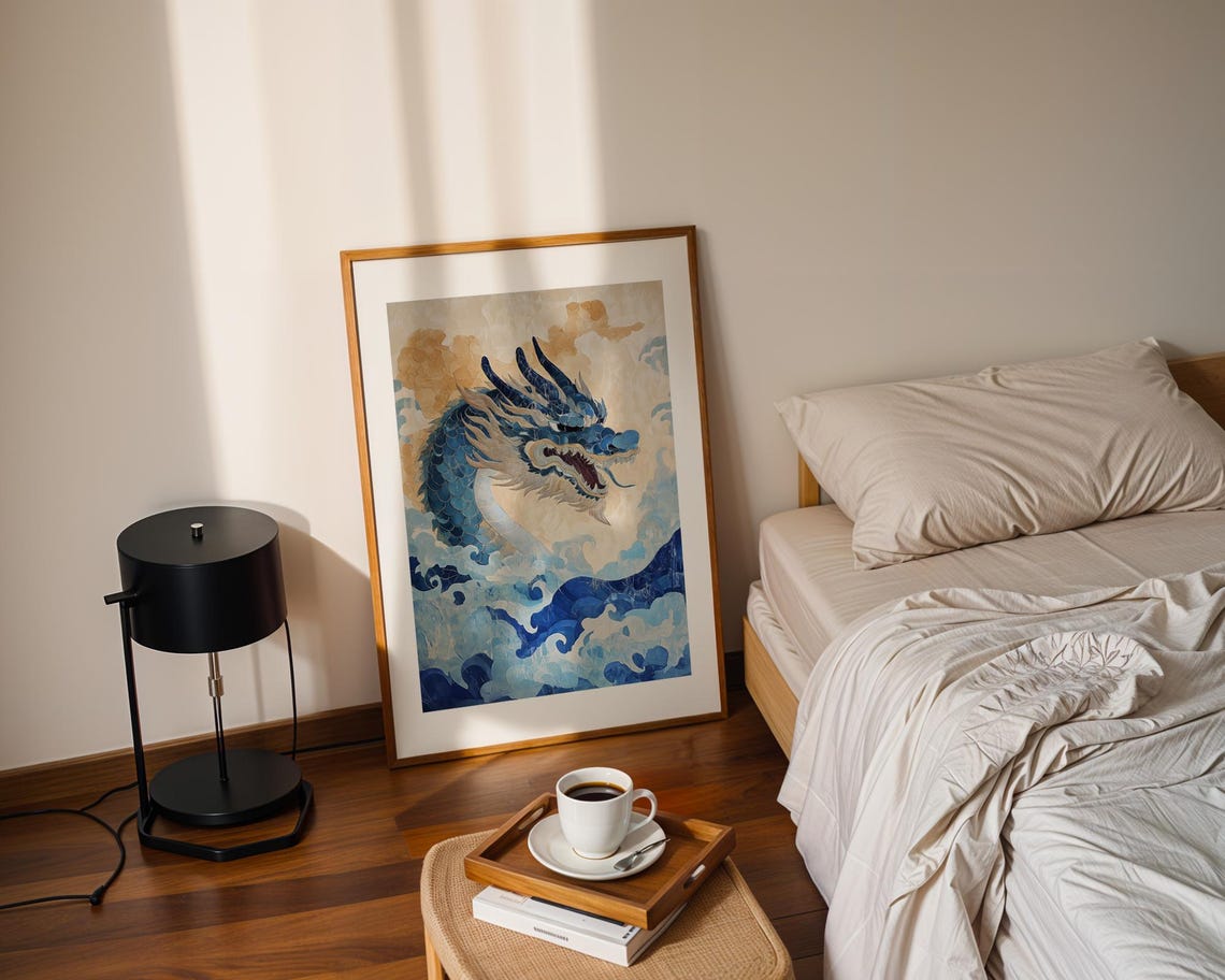 Blue Japanese Dragon Art Poster Rising from Swirling Ocean Waves - Image 2