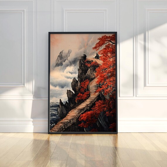 Autumn Cliff Path with Red Maples Painting Poster in Ink Style
