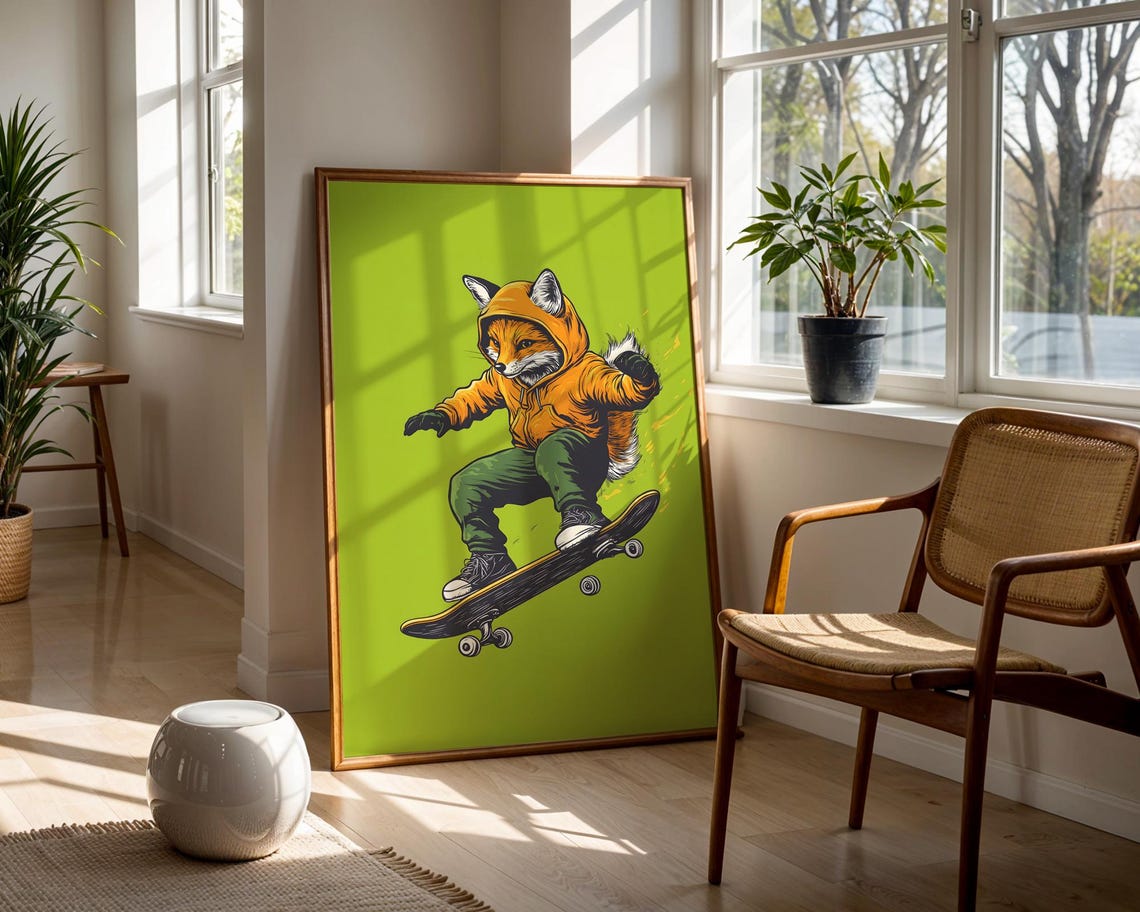 Skateboarding Fox Orange Hoodie Trick Lime Green Street Style Poster - Image 3
