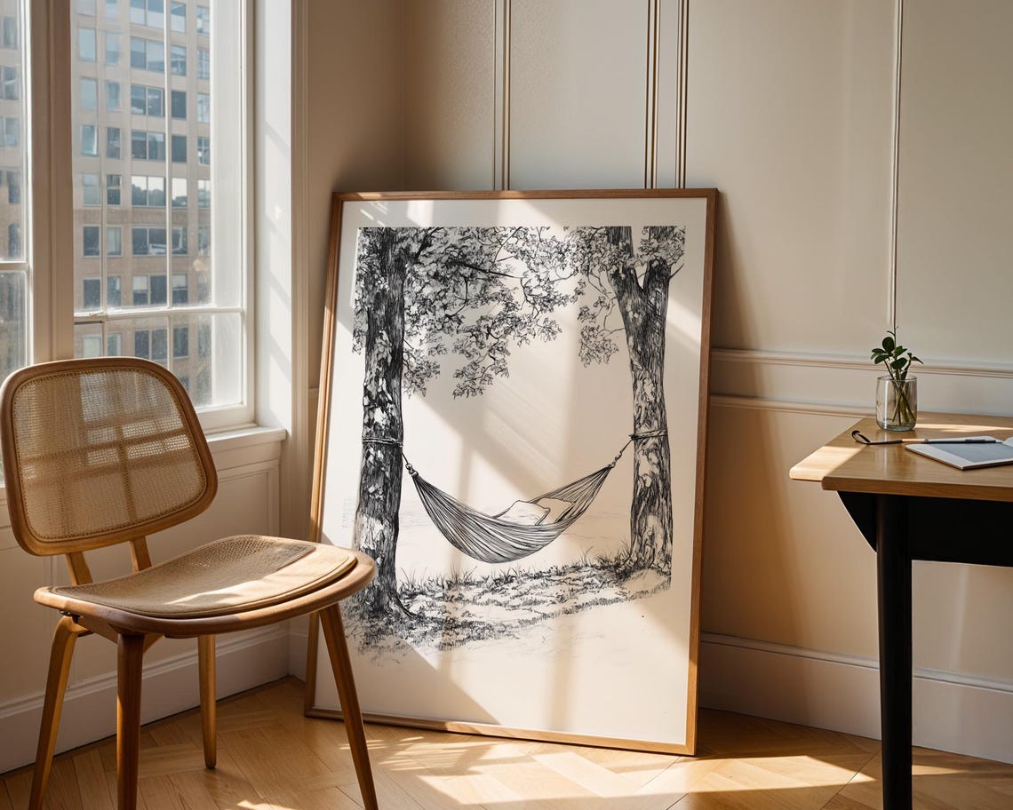 Hammock Between Two Trees Monochrome Sketch Relaxing Nature Art Poster - Image 3
