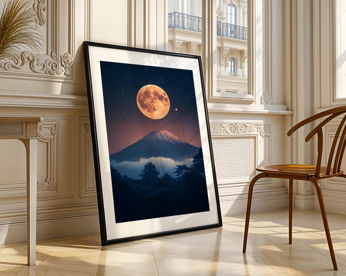 Mount Fuji Under Full Moon Night Sky Japanese Landscape Poster - Image 3