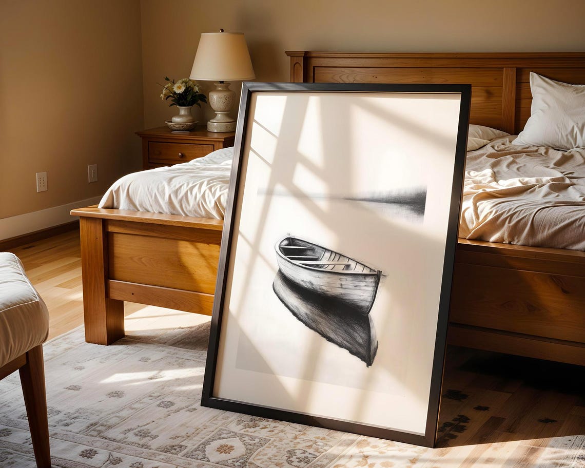 Empty Wooden Rowboat on Still Water Minimal Charcoal Sketch Poster - Image 4