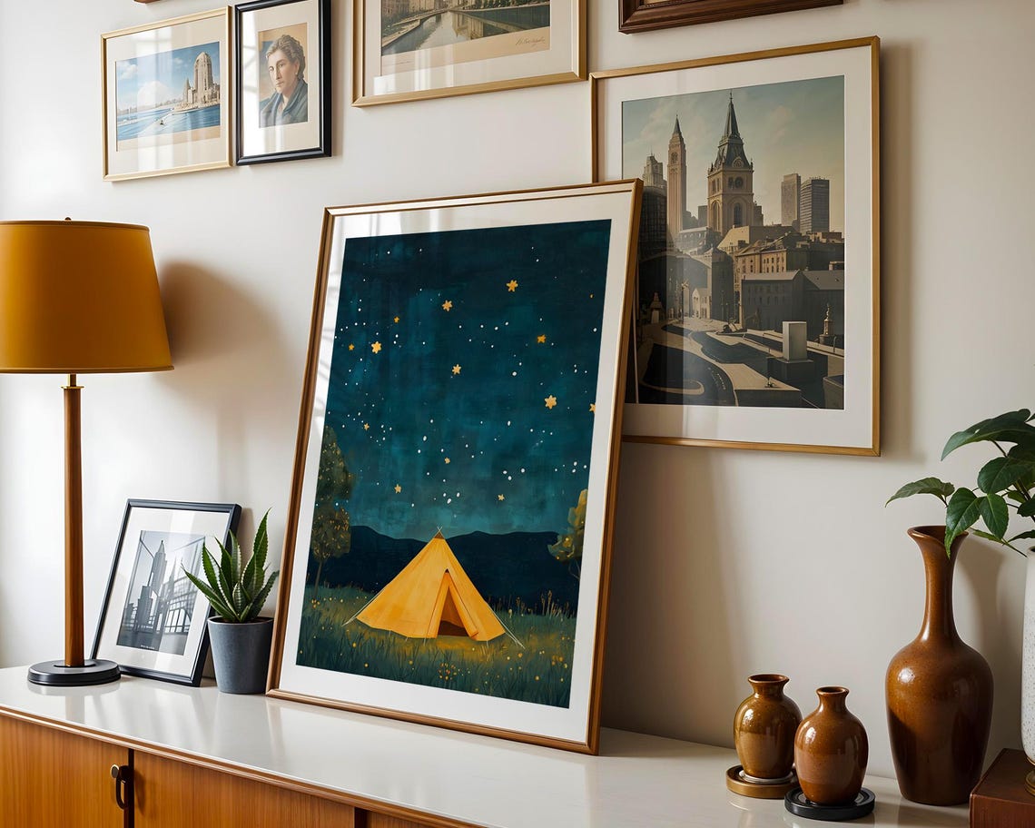 Glowing Yellow Tent Under Starry Night Camping Adventure Poster - Image 3