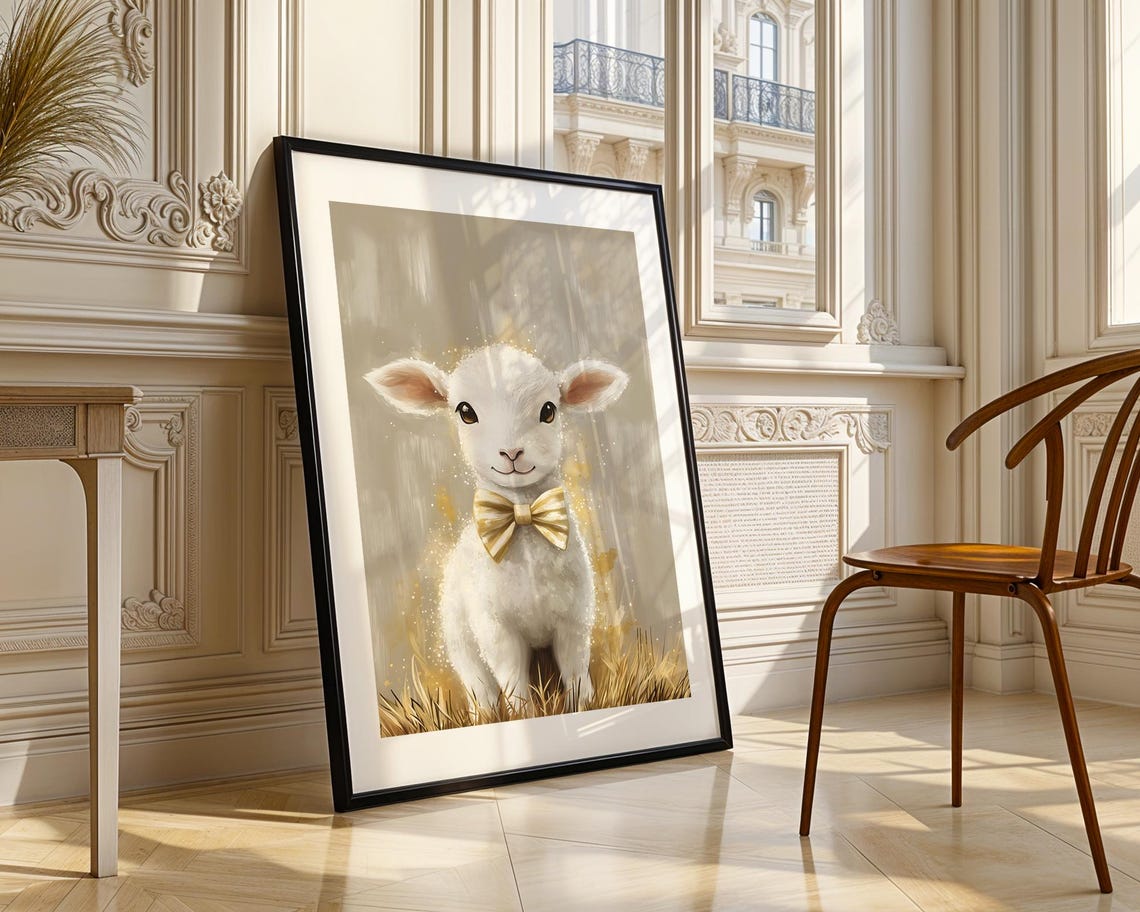 Adorable White Lamb With Gold Bow Tie Neutral Nursery Wall Art