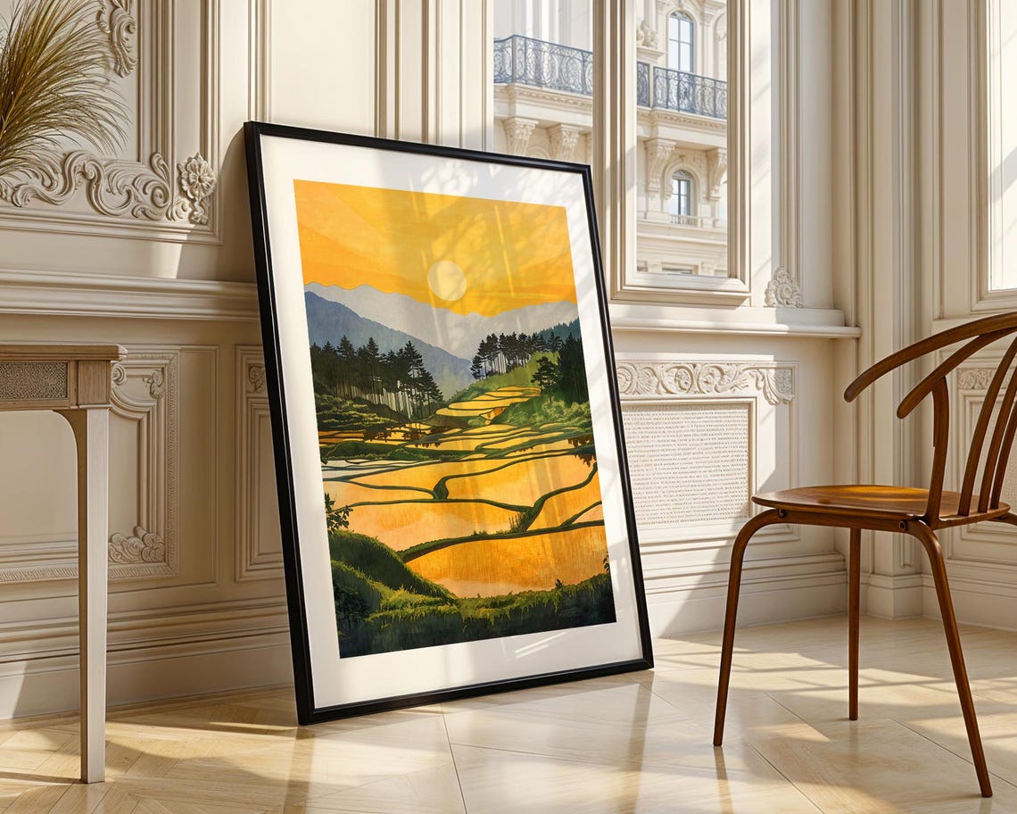 Golden Sunset Over Terraced Rice Paddies Mountain Art Poster - Image 3