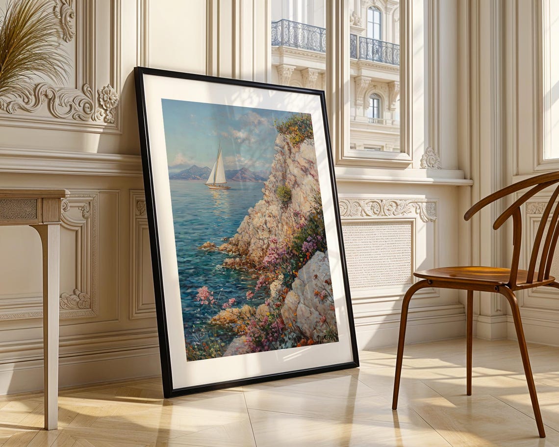Sailboat by Rocky Flowered Coast Impressionist Oil Painting Poster - Image 3