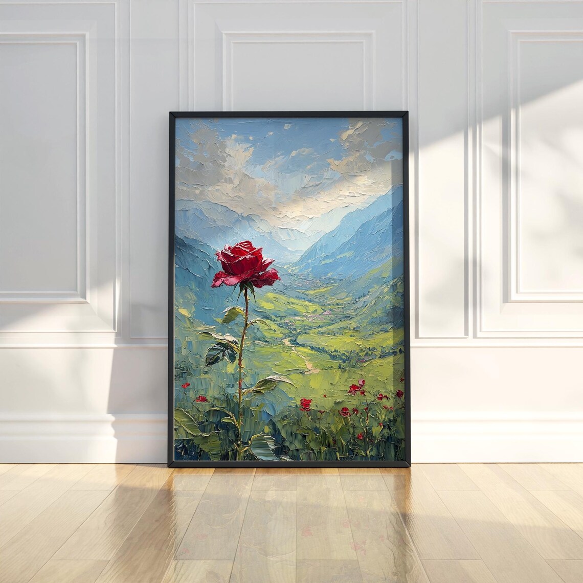 Single Red Rose Mountain Valley Oil Painting Landscape Art Poster