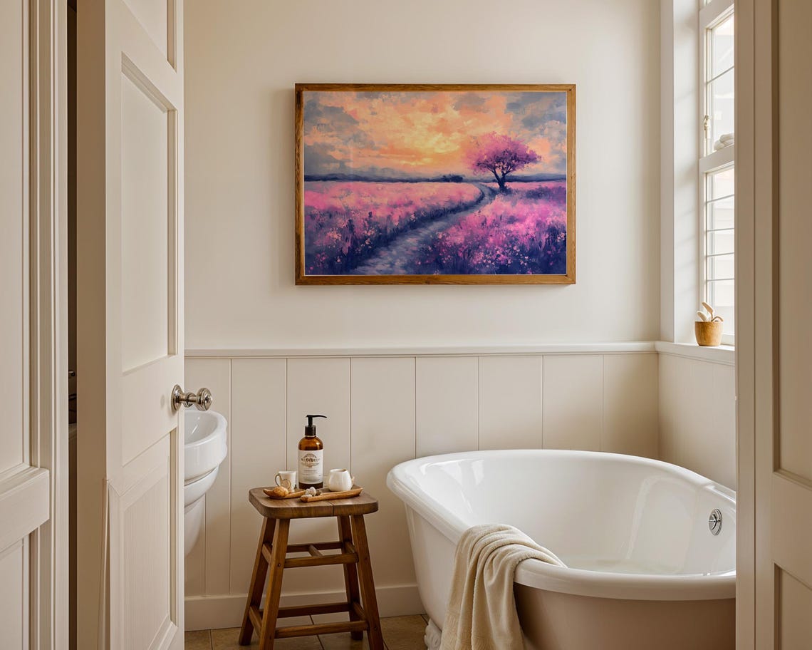Pink Blossom Tree Winding Path Sunset Meadow Pastel Landscape Poster - Image 3