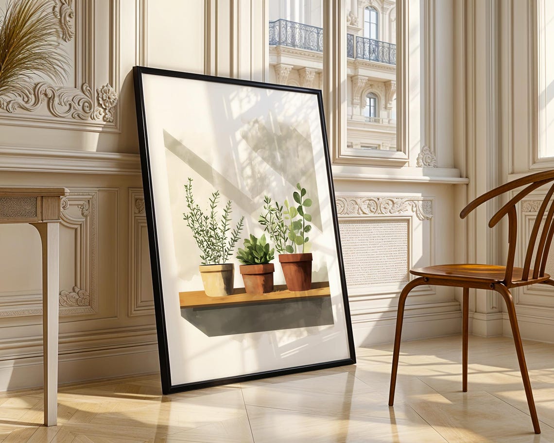 Three Potted Plants Wooden Shelf Soft Minimalist Botanical Wall Art - Image 3