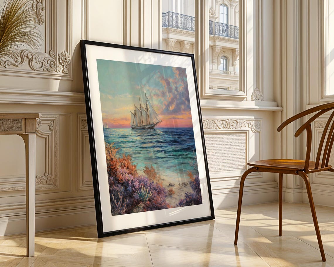 Tall Sailing Ship at Sunset Ocean Painting Poster for Nautical Decor - Image 3