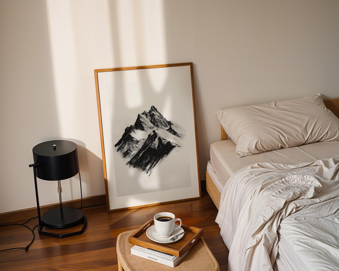 Snowy Mountain Peak Black Charcoal Sketch Minimalist Nature Poster - Image 3