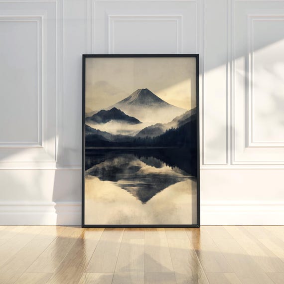 Tranquil Misty Mountain Lake Wall Art Print Reflection Nature River Modern Home Decor Serene Peaceful Poster Gift