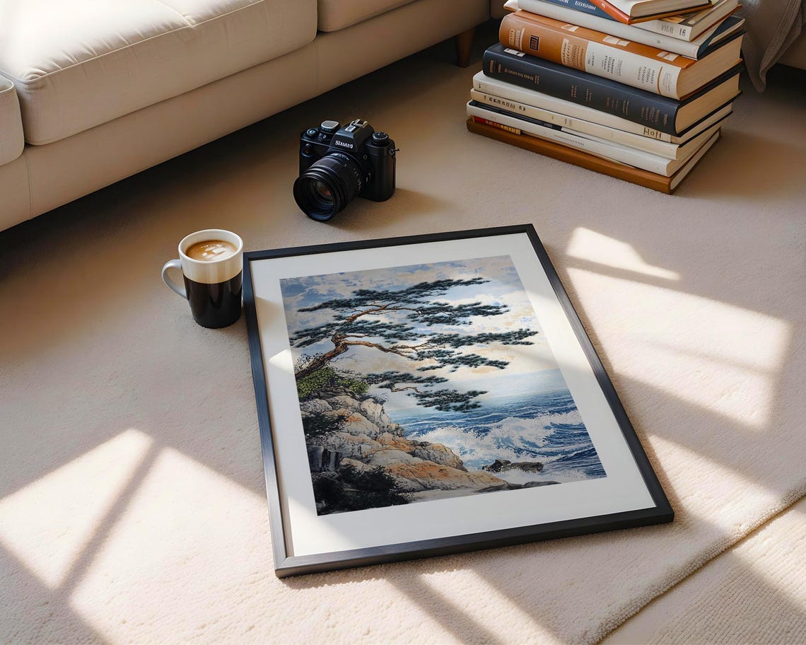 Japanese Pine Tree Coastal Cliff Wave Ukiyo E Style Art Print - Image 5