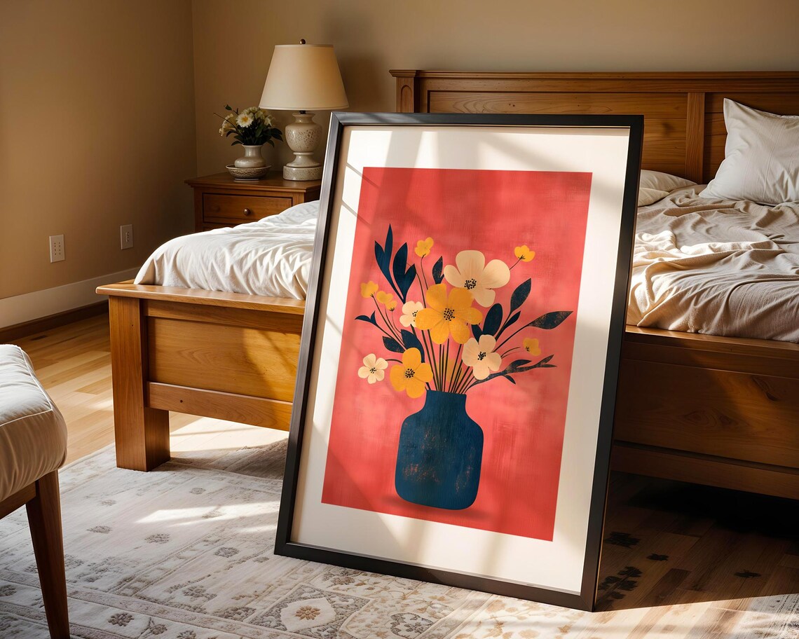 Cheerful Floral Bouquet In Dark Blue Vase On Coral Pink Poster