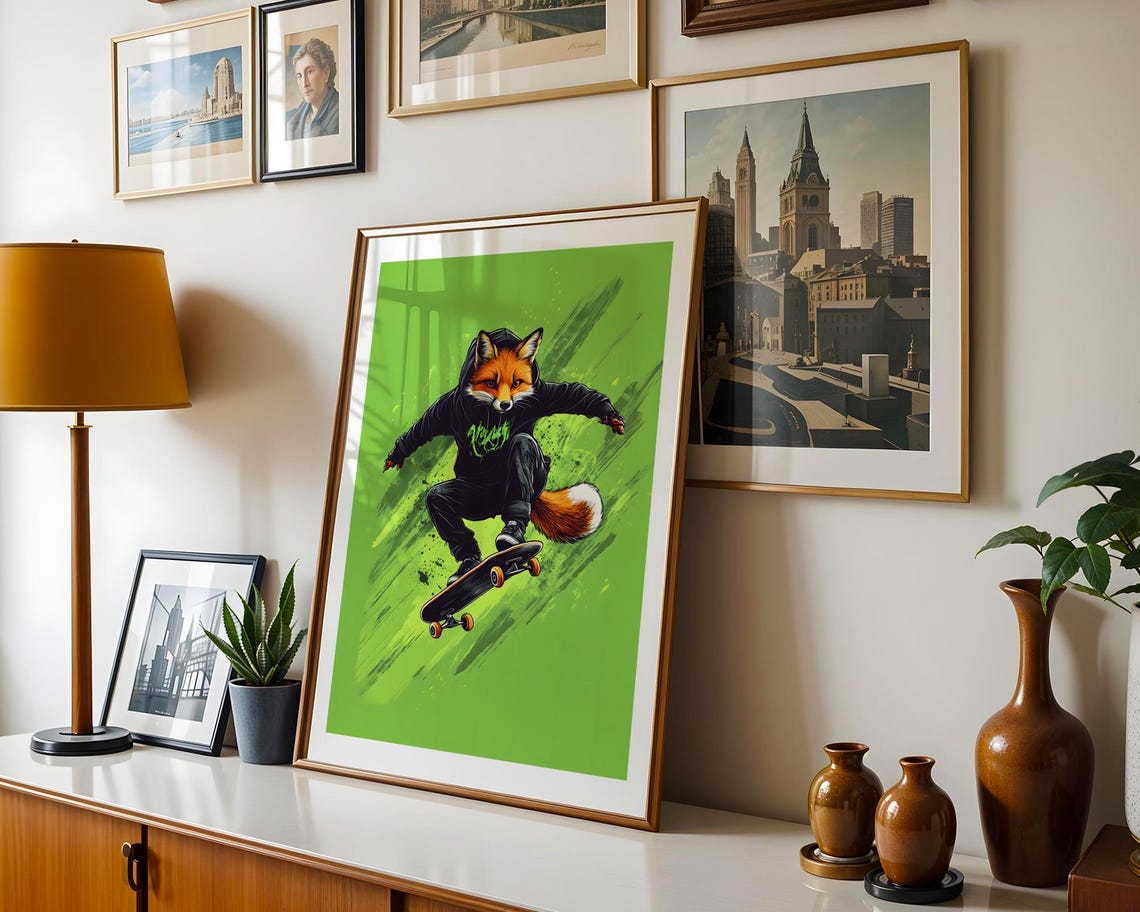 Skateboarding Fox Black Hoodie Jump Bold Green Graffiti Style Poster - Image 3