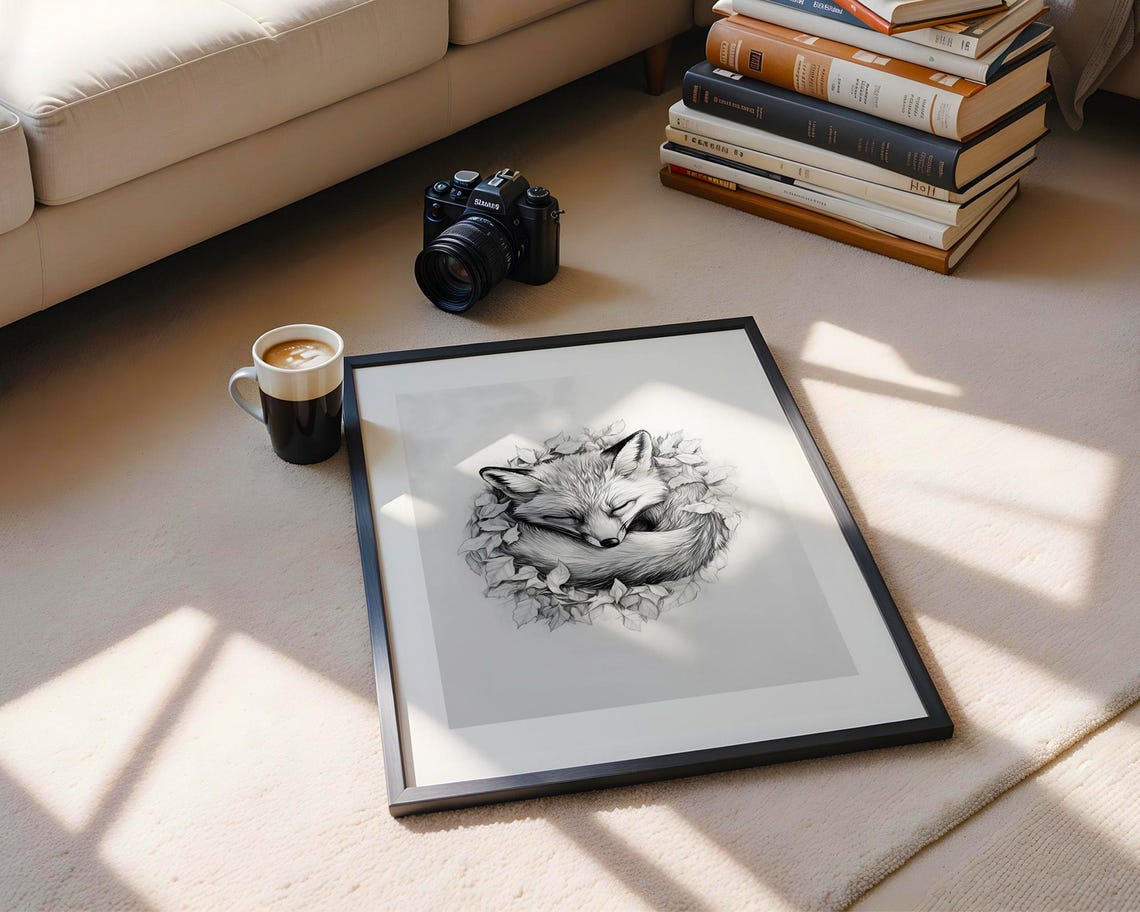 Sleeping Fox Leaf Wreath Monochrome Pencil Sketch Woodland Art Poster - Image 4